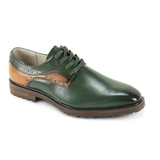 The GIOVANNI Giovanni Stef Green Leather Shoes feature green and brown leather, decorative perforations, a low heel, and smooth leather accents, shown on a white background.