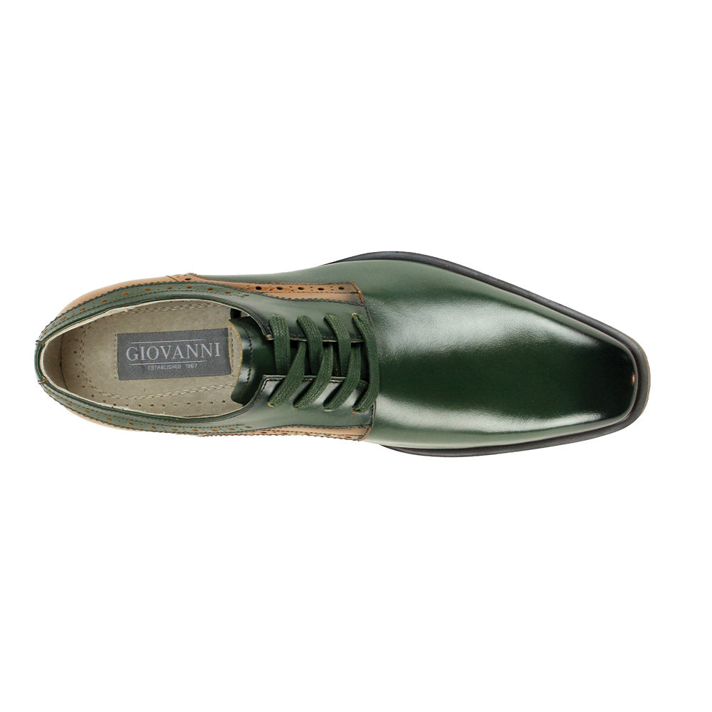 The GIOVANNI Giovanni Stef Green Leather Shoes feature green and brown leather, decorative perforations, a low heel, and smooth leather accents, shown on a white background.