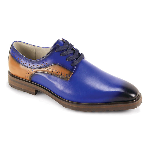 The GIOVANNI Stef Royal Leather Shoes feature blue and brown smooth leather, a black plain toe, decorative perforations, dark laces, and a brown rubber sole, shown against a white background.