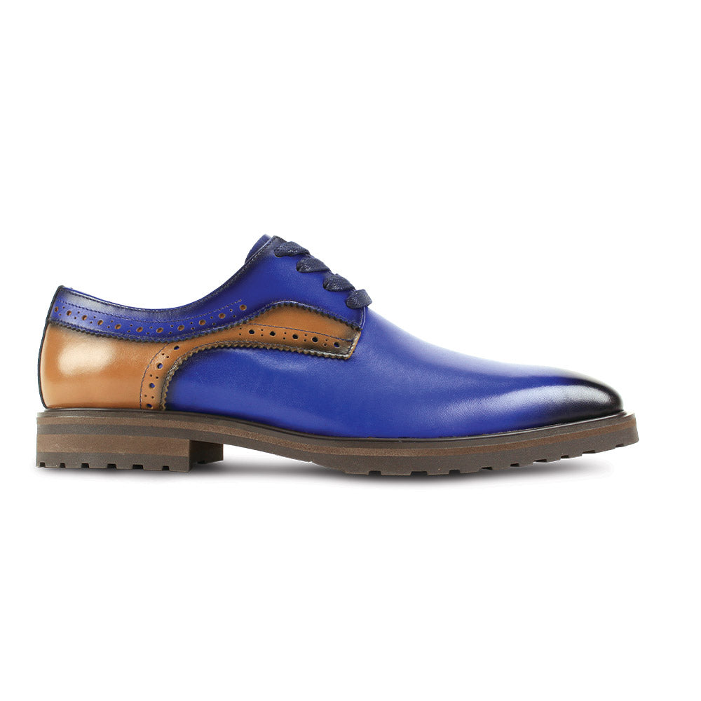 The GIOVANNI Stef Royal Leather Shoes feature blue and brown smooth leather, a black plain toe, decorative perforations, dark laces, and a brown rubber sole, shown against a white background.