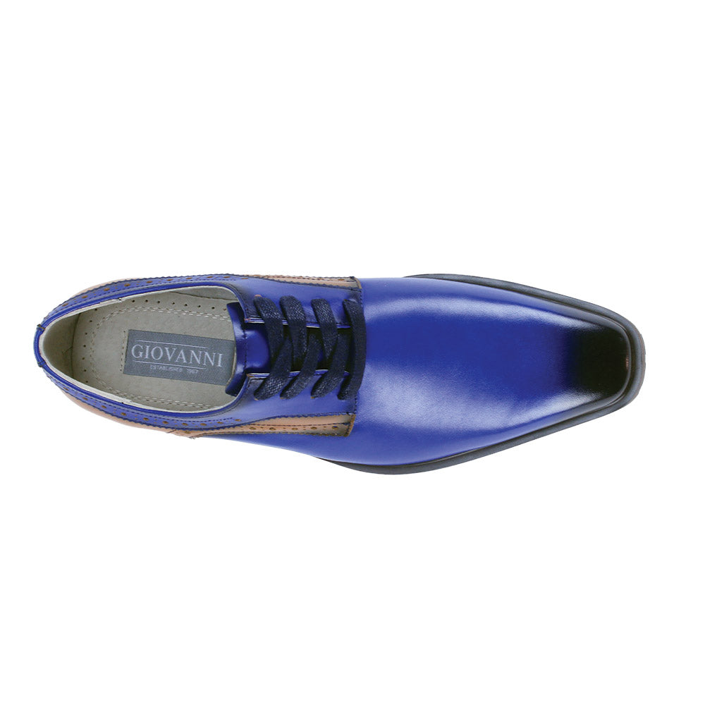 The GIOVANNI Stef Royal Leather Shoes feature blue and brown smooth leather, a black plain toe, decorative perforations, dark laces, and a brown rubber sole, shown against a white background.