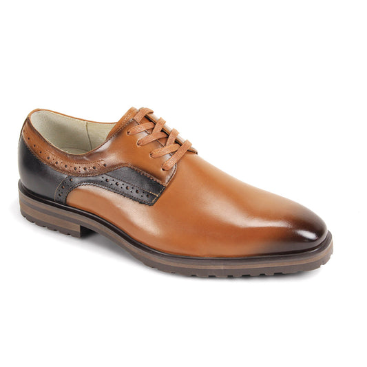 The Giovanni Stef Tan Leather Shoes by GIOVANNI are smooth tan dress shoes with lace closure, perforated detailing, a plain toe, and a low heel.