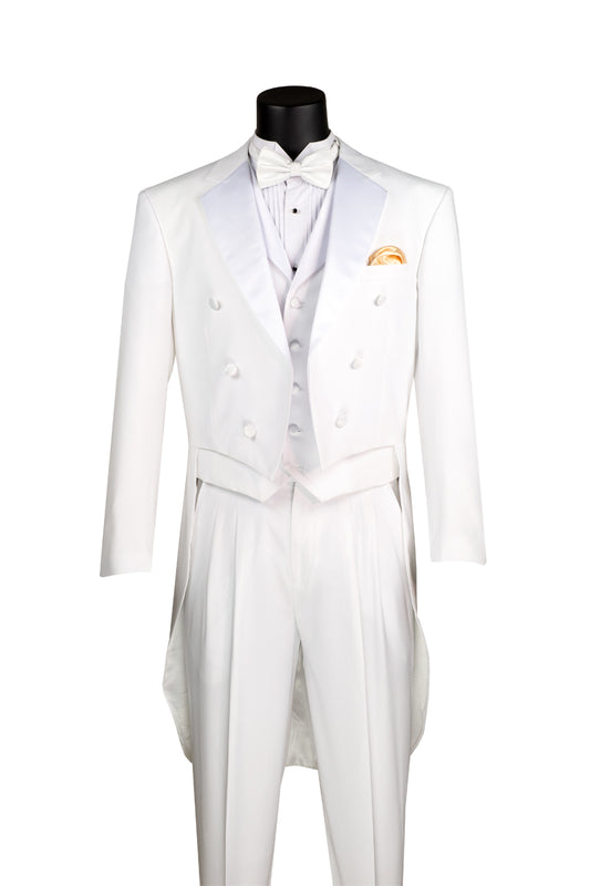 The Regular Fit 3 Piece Tuxedo with Tail (White) T-2X by Vinci Suits includes a white tailcoat with satin lapel, waistcoat, and striped shirt. It comes with a pocket square, perfect for black-tie events.