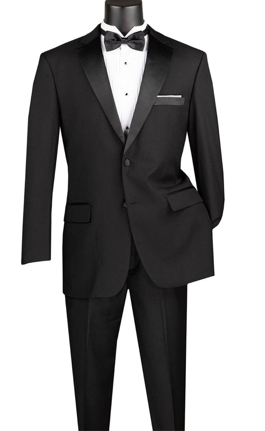 The Vinci Suits Regular Fit Black 2 Piece Satin Lapel Tuxedo F-T900 is displayed with a white shirt, black bow tie, and pocket square—ideal for formal occasions.