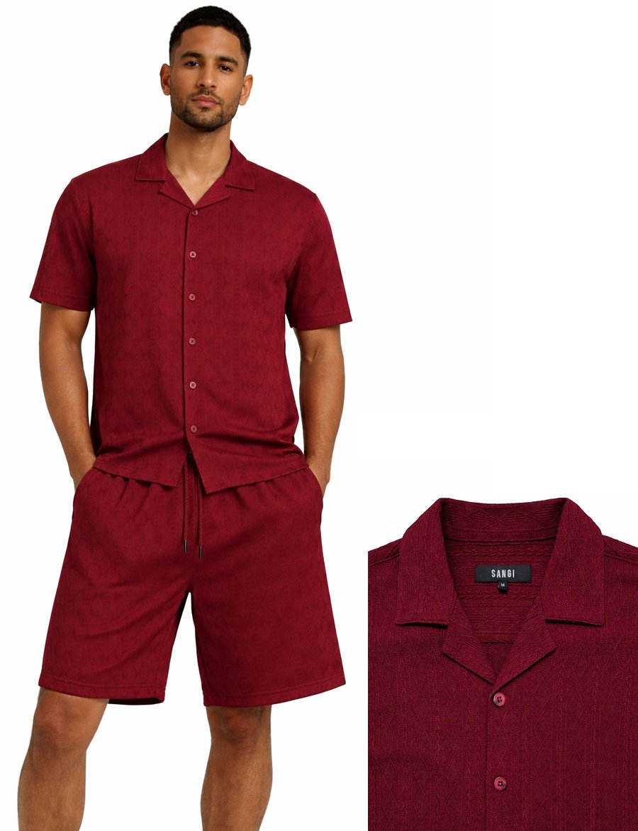 Man wearing the Bassiri Burgundy 2pc Set T 126, a short-sleeve button-up shirt with matching shorts by Bassiri; close-up of the shirt collar and label shown on right.