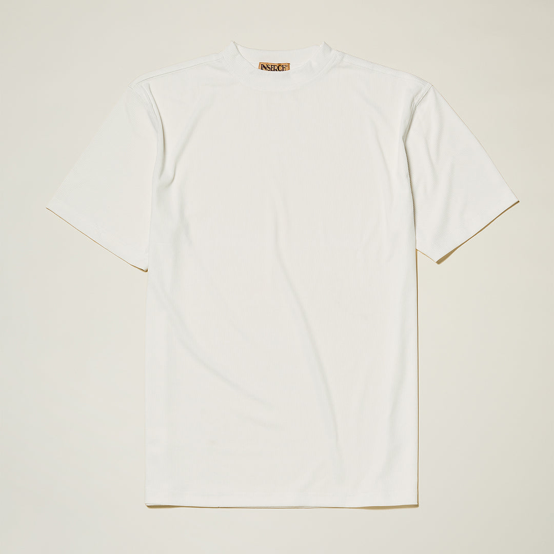The Inserch Rib Crew Neck T-Shirt T299-00002 in white features a short-sleeve, crew neck design crafted from rib jersey knit, shown laid flat on a neutral background.