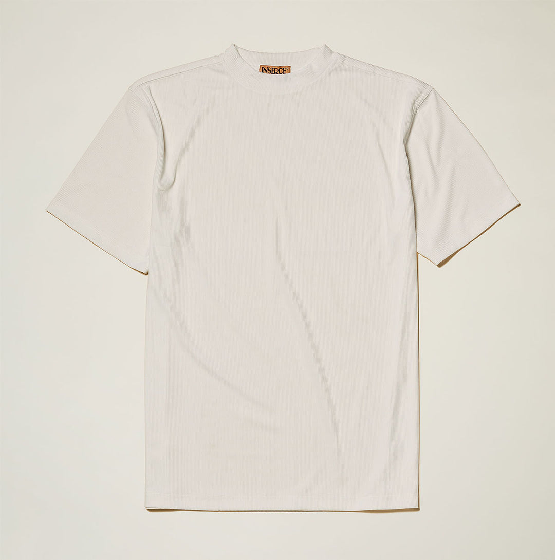 The Inserch Rib Crew Neck T-Shirt T299-00003 Off White by Inserch is a soft rib jersey knit polyester spandex short-sleeve tee with a classic crew neck, shown laid flat on a light surface.
