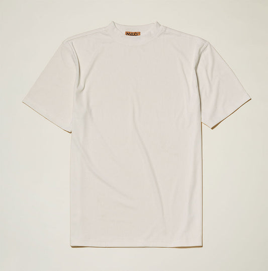 The Inserch Rib Crew Neck T-Shirt T299-00003 Off White by Inserch is a soft rib jersey knit polyester spandex short-sleeve tee with a classic crew neck, shown laid flat on a light surface.