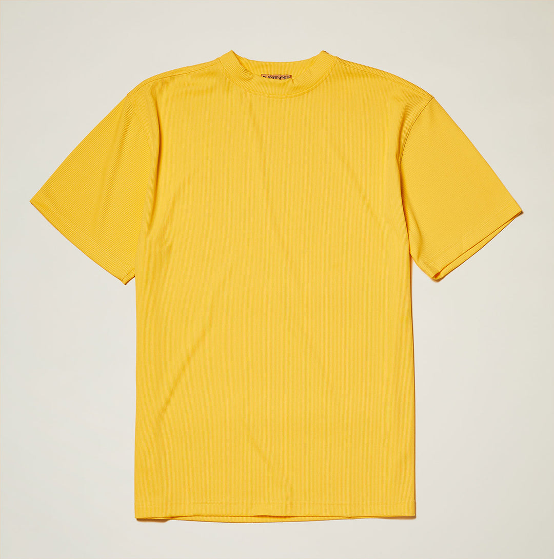 The Inserch Rib Crew Neck T-Shirt T299-00016 in yellow, a soft rib jersey knit short-sleeve tee by Inserch, is laid flat on a light background.