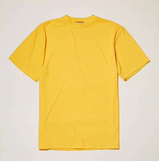 The Inserch Rib Crew Neck T-Shirt T299-00016 in yellow, a soft rib jersey knit short-sleeve tee by Inserch, is laid flat on a light background.