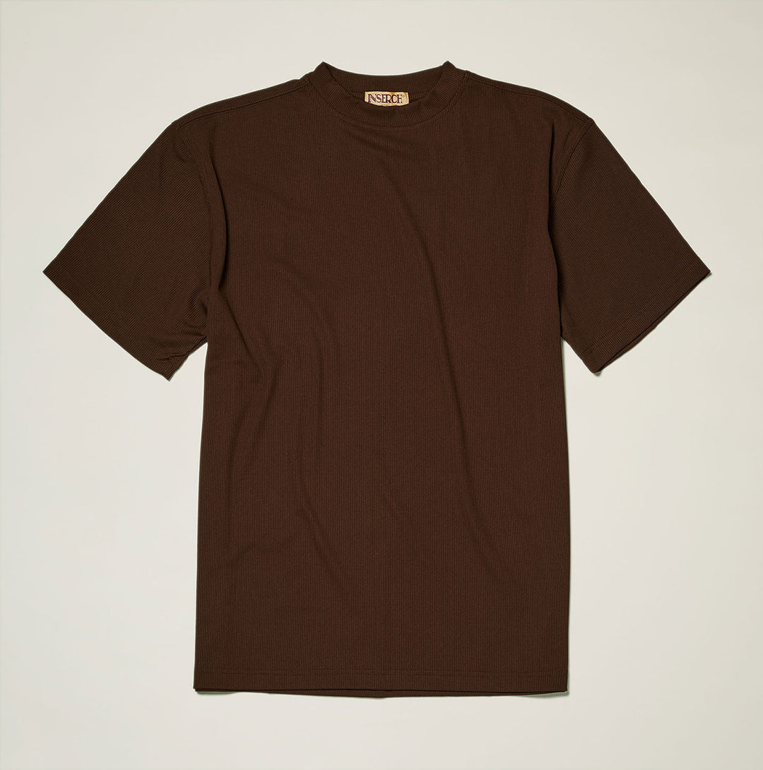 The Inserch Rib Crew Neck T-Shirt T299-00025 in brown, by Inserch, made from a soft polyester-spandex blend, is laid flat on a light background.