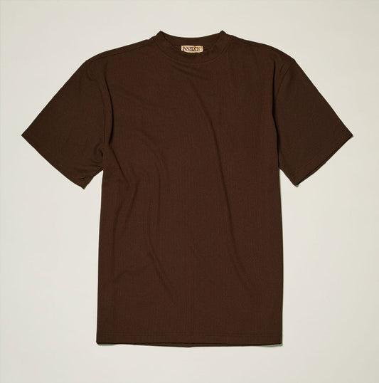 The Inserch Rib Crew Neck T-Shirt T299-00025 in brown, by Inserch, made from a soft polyester-spandex blend, is laid flat on a light background.