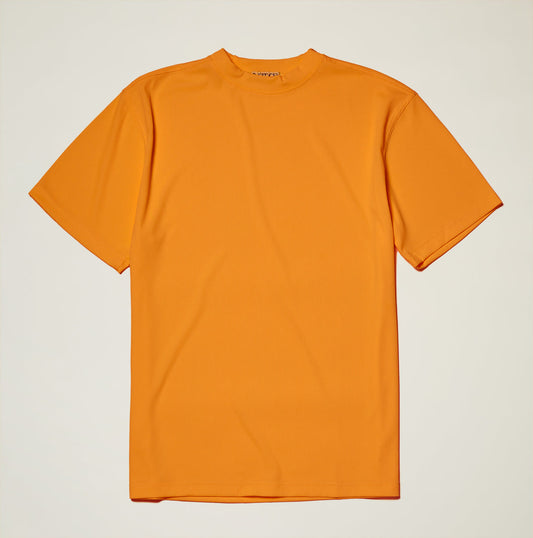 The Inserch Rib Crew Neck T-Shirt T299-00097 Melon by Inserch is a soft polyester-spandex blend, short-sleeve, orange crew neck tee, shown laid flat on a light background.