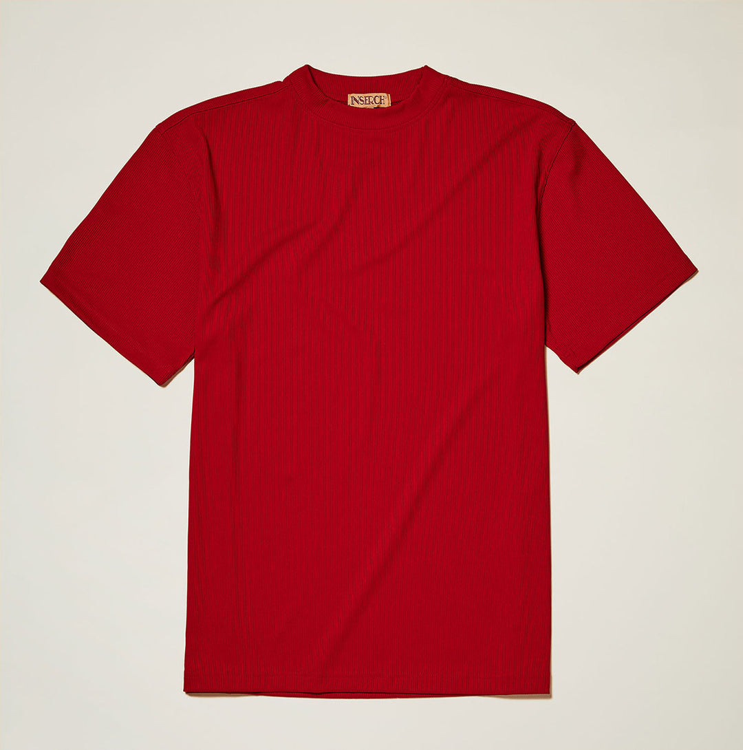 The Inserch Rib Crew Neck T-Shirt T299-00170 in Chilli Pepper is a plain red, short sleeve, regular fit crew neck tee by Inserch, displayed flat against a light background.