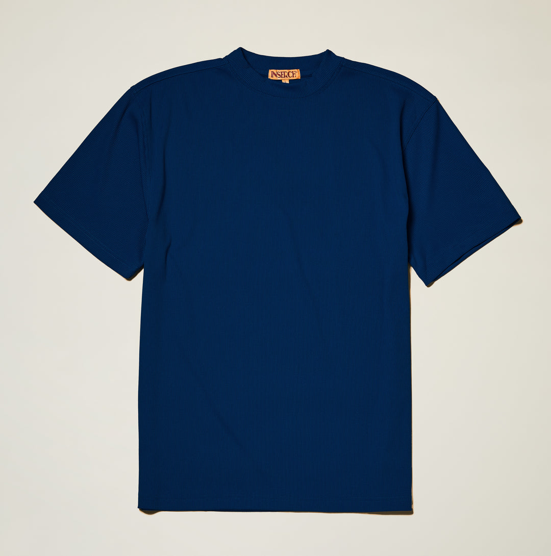The Inserch Rib Crew Neck T-Shirt (T299-00190) in Estate Blue by Inserch is a short-sleeve crew neck style, laid flat on a neutral background, crafted from a soft polyester-spandex blend.