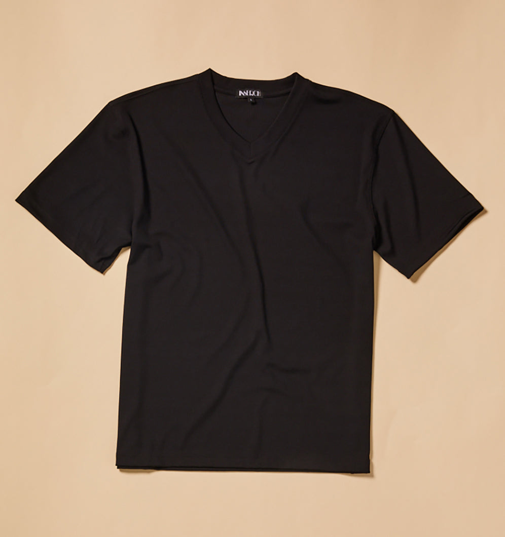 The Inserch Rib V Neck T-Shirt T300-00001 Black, by Inserch, made from a soft polyester/spandex rib jersey knit, is laid flat on a beige background.