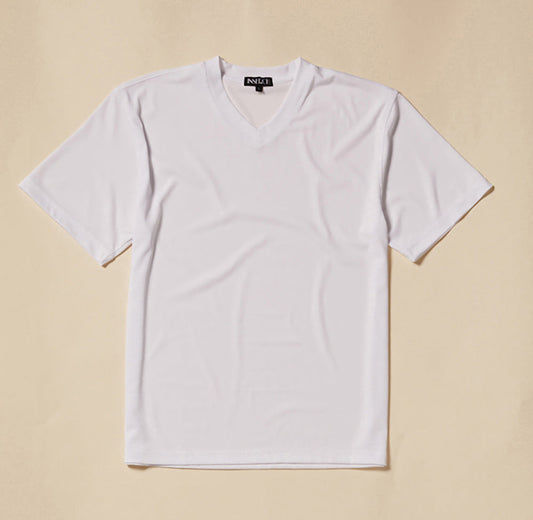 The Inserch Rib V Neck T-Shirt T300-00002 White, made from a soft polyester spandex rib jersey knit, is displayed flat on a beige background.