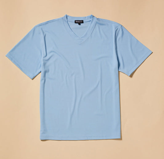 The Inserch Rib V Neck T-Shirt T300-00154 in Lake Blue, made from a soft polyester-spandex rib jersey knit, is laid flat on a beige background.