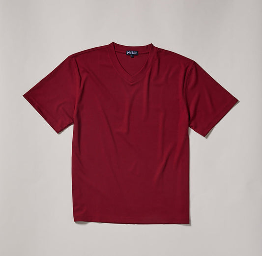 The Inserch Rib V Neck T-Shirt T300-00168 in Deep Cherry by Inserch is a short-sleeved, soft polyester-spandex blend tee with a plain V-neck design, shown laid flat on a light surface.