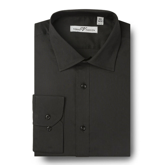 The Renoir VERNO Black Slim Fit Long Sleeve Stretch Dress Shirt TCS22 features a spread collar, visible label, and buttoned cuffs for a sleek look.