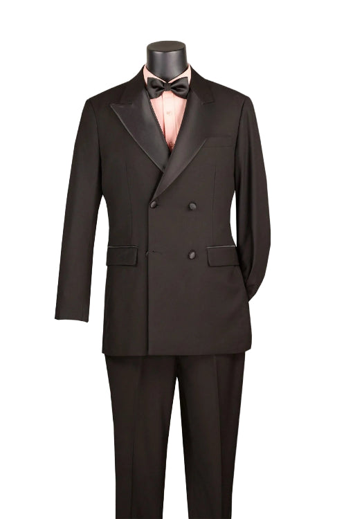 The Vinci Suits Regular Fit Black 2 Piece Double Breasted Satin Lapel Tuxedo TDB-900 with a black bow tie and light pink dress shirt is displayed on a mannequin.