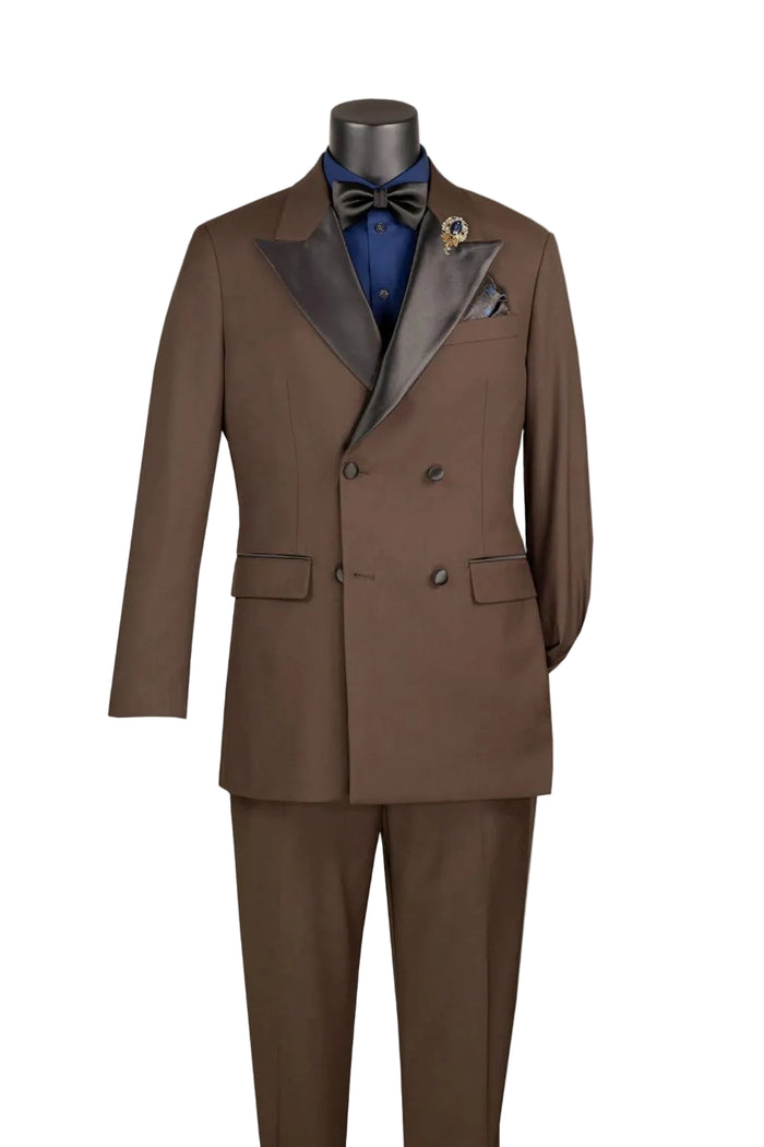 Regular Fit Brown 2 Piece Double Breasted Satin Lapel Tuxedo TDB-900 by Vinci Suits, styled with a blue shirt, black bow tie, pocket square, and lapel pin on a mannequin.