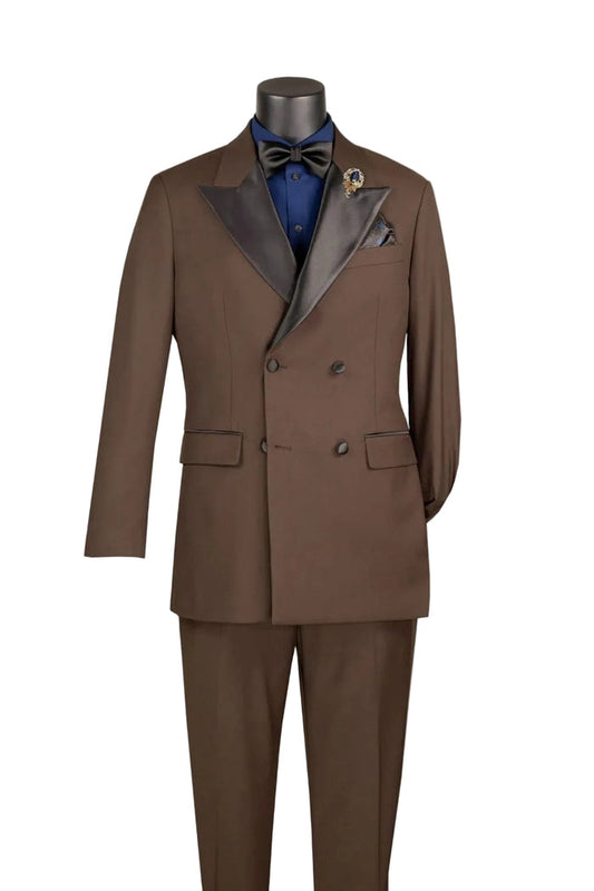 Regular Fit Brown 2 Piece Double Breasted Satin Lapel Tuxedo TDB-900 by Vinci Suits, styled with a blue shirt, black bow tie, pocket square, and lapel pin on a mannequin.