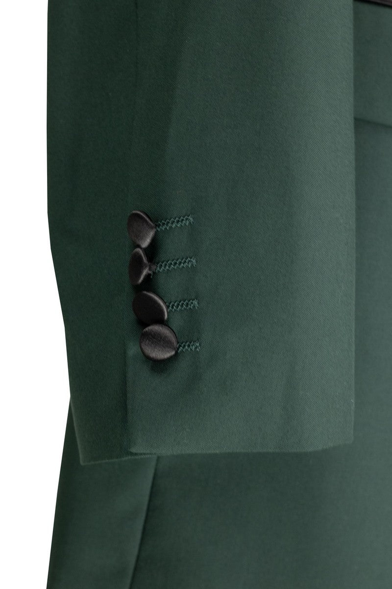 Mannequin dressed in the Regular Fit Hunter Green 2 Piece Double Breasted Satin Lapel Tuxedo TDB-900 by Vinci Suits, paired with a black shirt and bow tie.