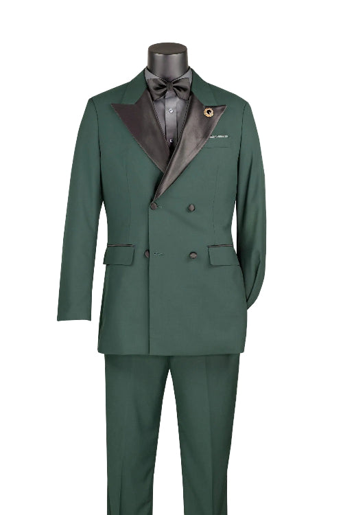 Mannequin dressed in the Regular Fit Hunter Green 2 Piece Double Breasted Satin Lapel Tuxedo TDB-900 by Vinci Suits, paired with a black shirt and bow tie.