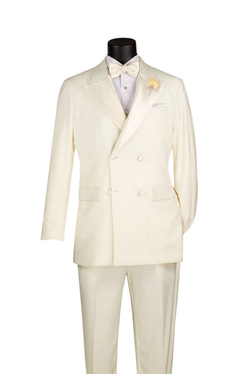 Mannequin dressed in Vinci Suits Regular Fit Ivory 2 Piece Double Breasted Satin Lapel Tuxedo TDB-900 with matching trousers, white shirt, cream bow tie, pocket square, and boutonniere.