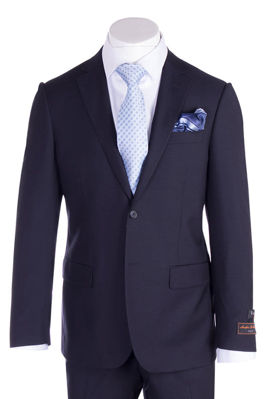 The Tiglio Luxe Novello Navy Blue Pure Wool Men’s Suit (TIG1002) by Tiglio Luxe is displayed on a mannequin with a light blue patterned tie, white dress shirt, and blue pocket square—an elegant choice in luxury men's clothing.