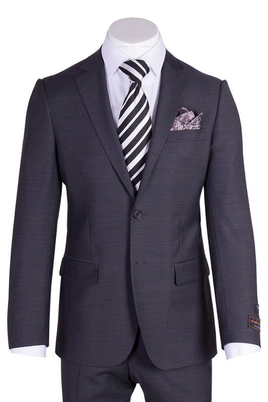 The Tiglio Luxe Novello Charcoal Gray Pure Wool Men’s Suit (TIG1010) by Tiglio Luxe, styled with a white shirt, striped tie, and patterned pocket square on a mannequin, highlights the sophistication of tailored menswear.