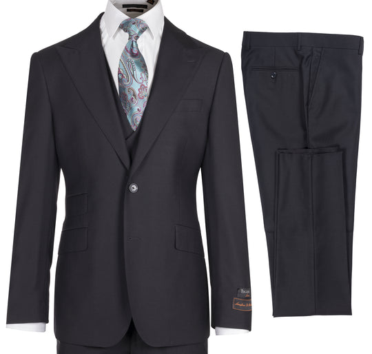 The Tiglio Luxe Black Prosecco Modern Fit Pure Wool Suit & Vest (TIG1001) by Tiglio Luxe features a matching jacket, waistcoat, and trousers in pure wool, displayed on a white background.