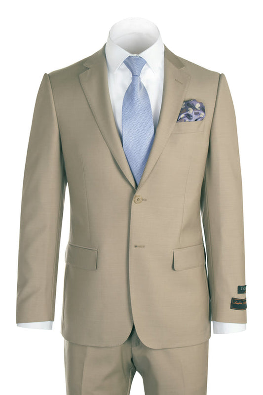 Close-up of the waistband and upper section of the Tiglio Luxe Novello Tan Pure Wool Men’s Suit TIG1004, featuring a button closure, belt loops, and part of a white shirt tucked in.