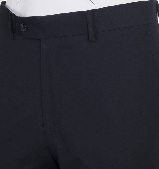 The Tiglio Luxe Novello Navy Blue Pure Wool Men’s Suit (TIG1002) by Tiglio Luxe is displayed on a mannequin with a light blue patterned tie, white dress shirt, and blue pocket square—an elegant choice in luxury men's clothing.