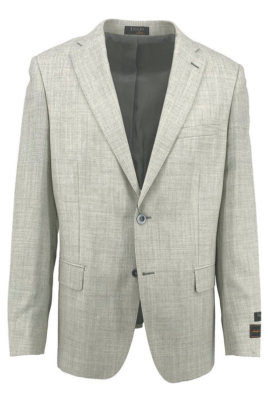 Tiglio Luxe's Light Gray Hopsack Dolcetto Modern Fit Jacket (TL107192) blends European styling with a notched lapel, two buttons, and two front pockets, crafted from pure wool and shown against a plain background.