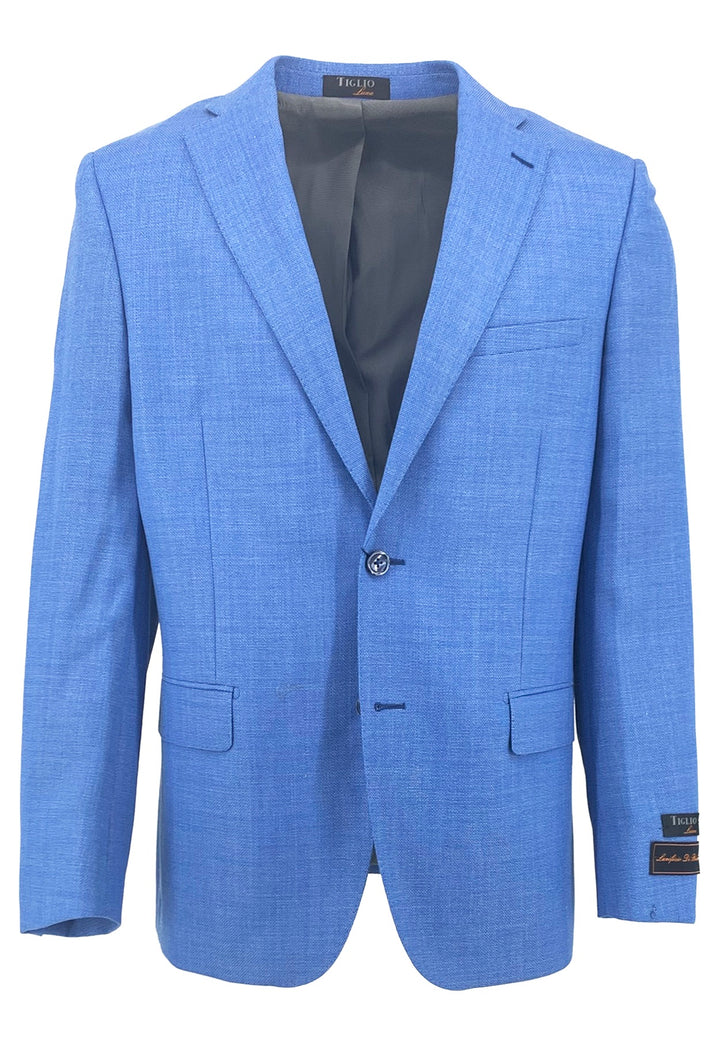 The Tiglio Luxe Sky Blue Dolcetto Modern Fit Jacket, product TL10712/331, is a men's blazer made of pure wool. Displayed against a white background, it features a single button and two pockets, blending Italian craftsmanship with timeless style.