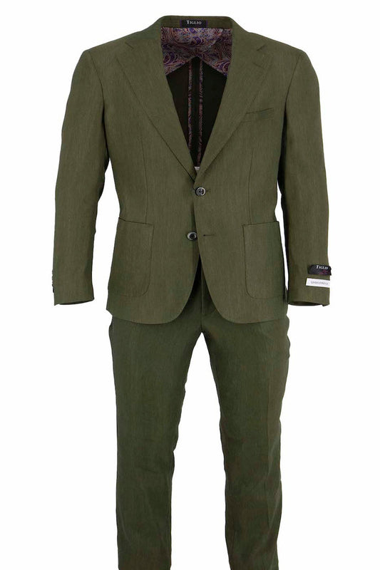 The Tiglio Luxe Olive Linen Stretch Slim Fit Half Lined Men’s Suit TL4010 features a single-breasted notch lapel blazer and matching trousers, shown partially open on a white background to reveal its paisley-patterned lining.
