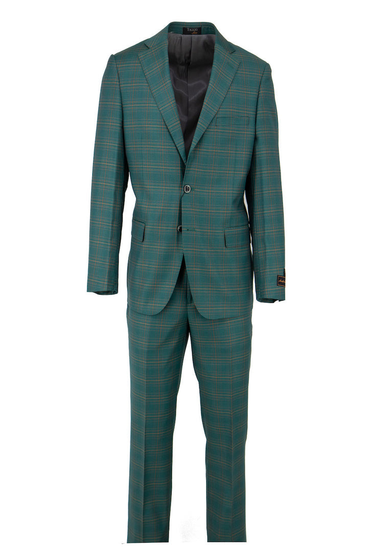 The Tiglio Luxe Dolcetto Modern Fit Suit TL2609 features pure wool in teal green with an orange windowpane pattern, European styling, and includes a single-breasted blazer with matching trousers. Displayed on a white background.