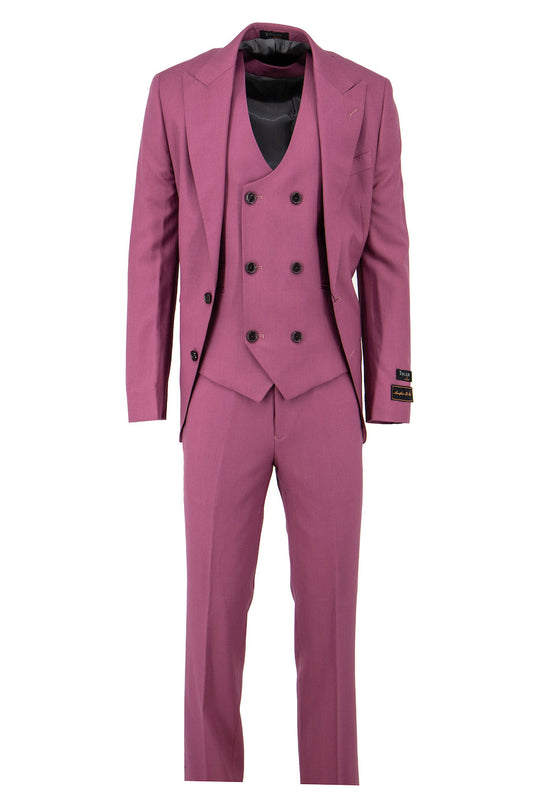 The Tiglio Luxe Raspberry Prosecco Modern Fit Pure Wool Suit & Vest TL2625 is a three-piece men's suit by Tiglio Luxe, featuring a blazer, waistcoat, and matching trousers in pure wool, shown on a white background.