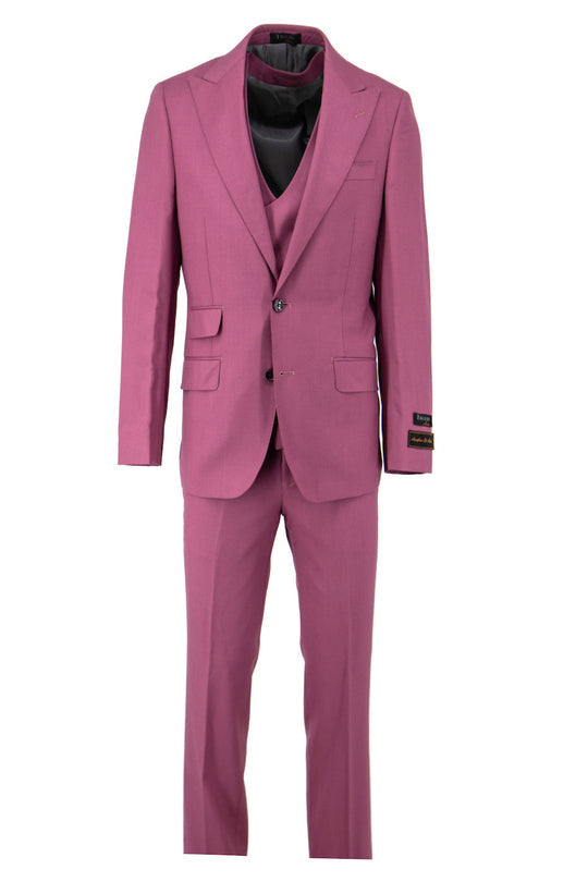 The Tiglio Luxe Raspberry Prosecco Modern Fit Pure Wool Suit & Vest TL2625 is a three-piece men's suit by Tiglio Luxe, featuring a blazer, waistcoat, and matching trousers in pure wool, shown on a white background.