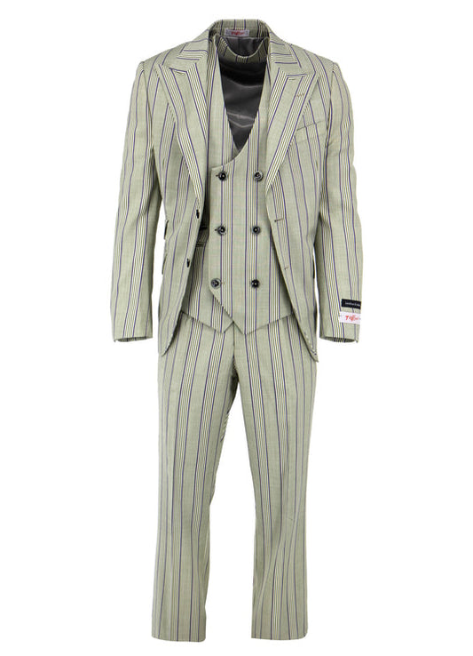 The Tiglio Luxe Mint Green with Stripe Design Pecorello Modern Fit Pure Wool Suit & Vest TL2634 features a jacket, double-breasted vest, and trousers in light mint green with stripes, shown on a white background.