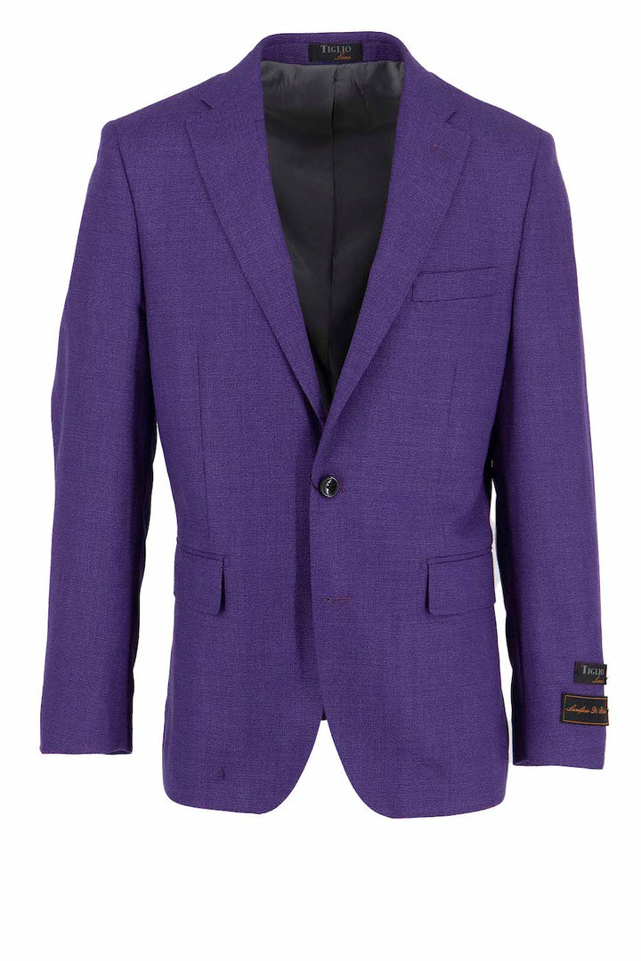 The Tiglio Luxe Purple Dolcetto Modern Fit jacket (TL2735) is a pure wool men's blazer featuring European styling, with a single button closure, two front pockets, and a notched lapel.