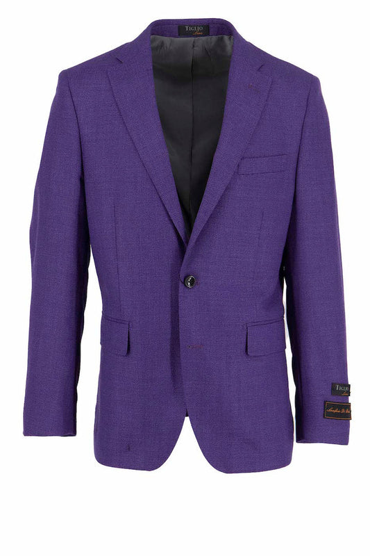 The Tiglio Luxe Purple Dolcetto Modern Fit jacket (TL2735) is a pure wool men's blazer featuring European styling, with a single button closure, two front pockets, and a notched lapel.