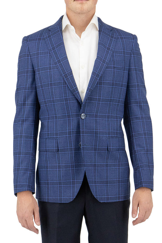 A man wearing a Tiglio Luxe Blue with Burgundy Windowpane Dolcetto Modern Fit Jacket, TL3327, crafted from pure wool Italian fabrics, along with a white collared shirt.