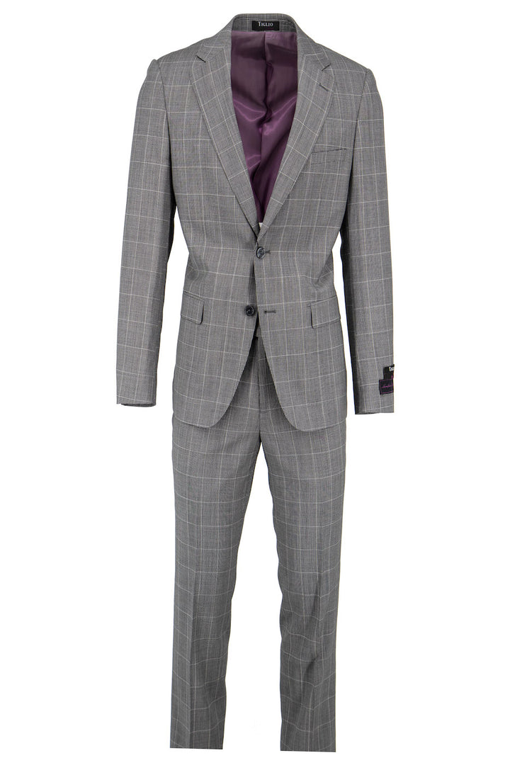 The Tiglio Luxe Gray with White Windowpane Dolcetto Modern Fit Suit TL3385 is a pure wool two-piece featuring a single-breasted, two-button jacket with notch lapels and purple lining—a refined classic in men's clothing.