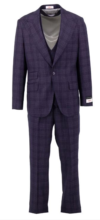 The Tiglio Rosso Orvietto Purple Checkered Semi Wide Leg TL7548 suit by Tiglio Rosso features a dark purple plaid single-breasted jacket with two front pockets and matching semi wide leg trousers, displayed on a white background.