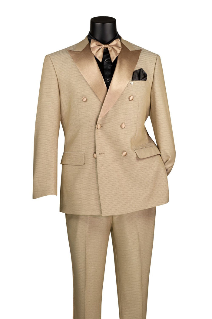 The mannequin features the Vinci Suits Modern Fit 2 Piece Double Breasted Tuxedo Adjustable Waistband with Oversized Bow Tie Beige TMDB-1 for a sleek modern tuxedo look.