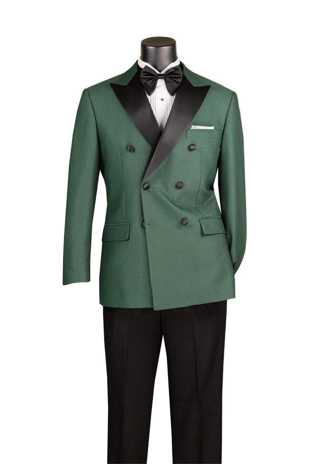 Mannequin wearing Vinci Suits Modern Fit 2 Piece Double Breasted Tuxedo Adjustable Waistband with Oversized Bow Tie Hunter Green TMDB-1.