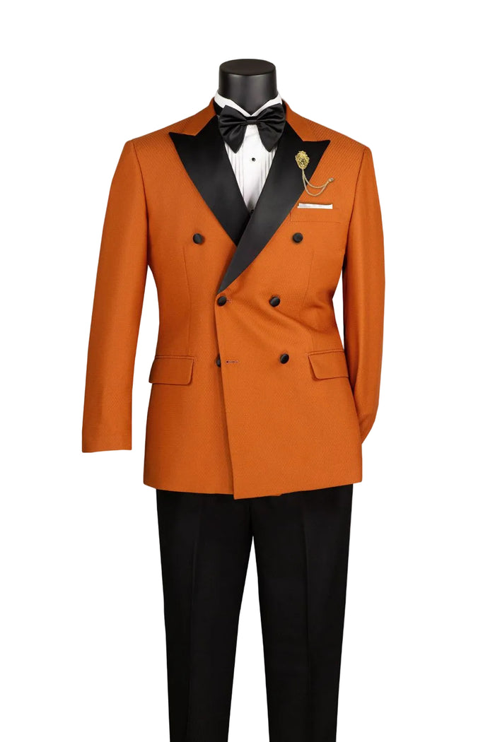 A mannequin wears the Vinci Suits Modern Fit 2 Piece Double Breasted Tuxedo Adjustable Waistband with Oversized Bow Tie Rust TMDB-1.